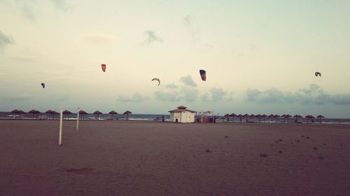 View of hot air balloon flying over beach