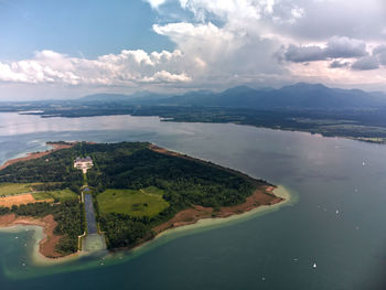 Scenic view of sea and mountains against sky