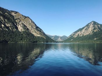 Scenic view of lake and mountains against clear blue sky