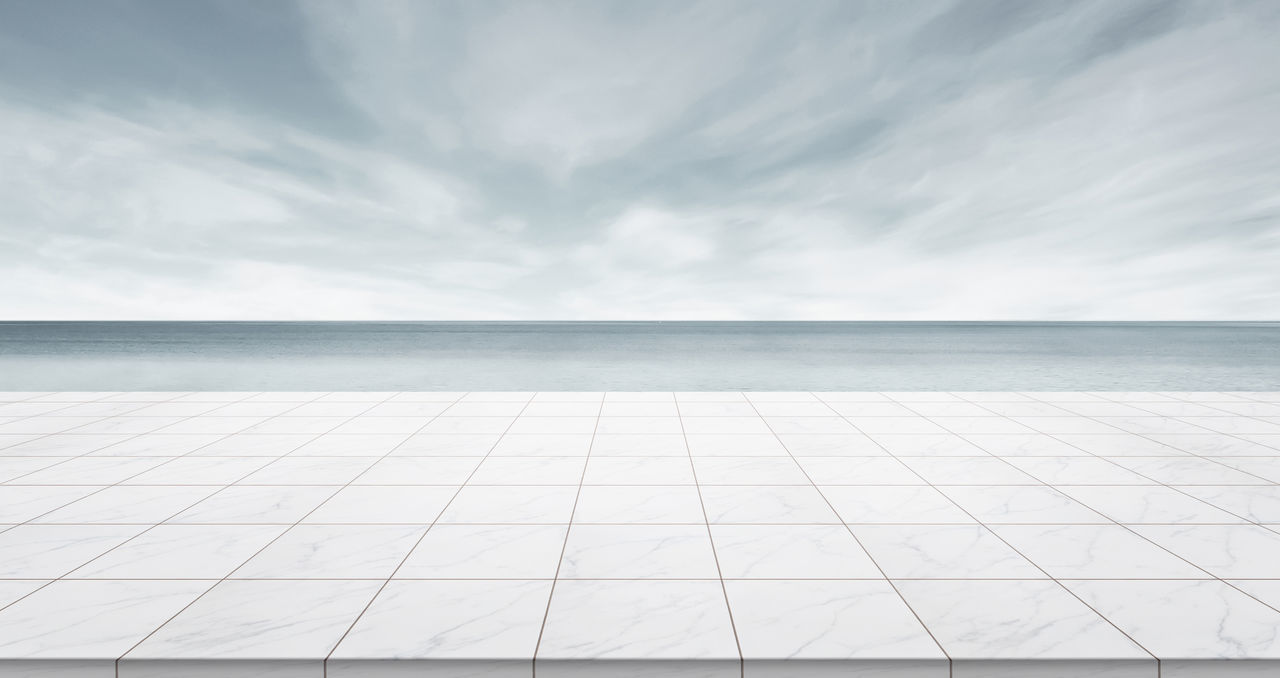 Empty, marble, stone, rock, tile, floor, ground, nobody, background, mockup, mock up, template, display, montage, product, layout, design, texture, blank, morning, view, scene, scenery, sky, bright, light, neon, grey, blue, cloud, concept, panoramic, pano