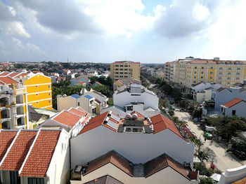 High angle view of buildings against sky