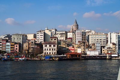 Buildings by river against sky in city