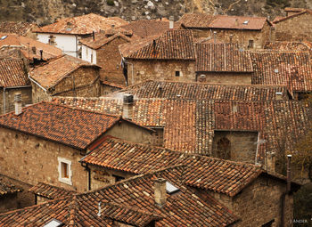 High angle view of houses in town