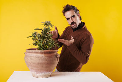 Side view of woman holding potted plant against yellow background