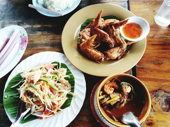 High angle view of meal served on table