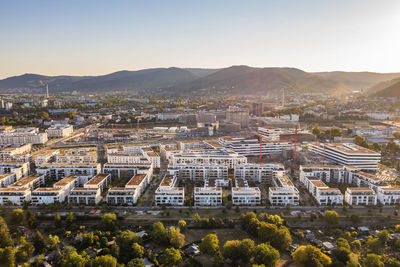 Germany, baden-wurttemberg, heidelberg, aerial view of passive house settlement bahnstadt