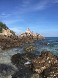 Rocks on beach against sky