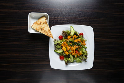 High angle view of breakfast served on table