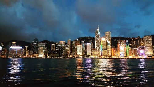 Illuminated city at waterfront against cloudy sky