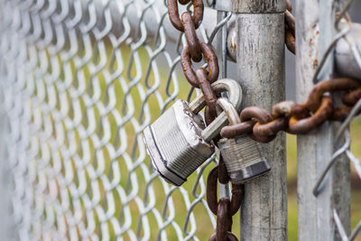 Close-up of padlocks on gate