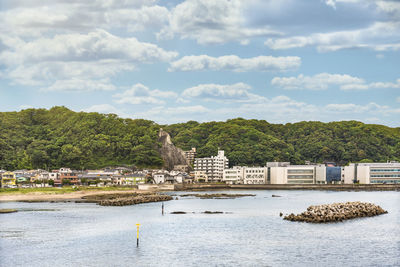 Scenic view of river against cloudy sky