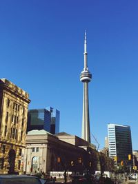 Low angle view of buildings against clear blue sky