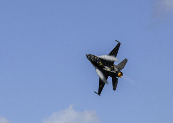 Low angle view of bird flying in sky