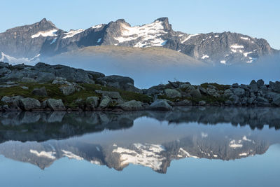 Reflection of mountains and rocks on calm lake