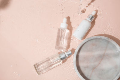 High angle view of bottle on table