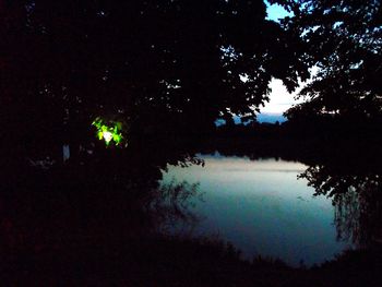 Silhouette trees by lake against sky at night