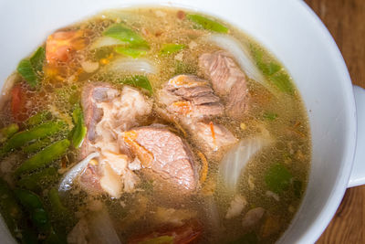 High angle view of soup in bowl on table