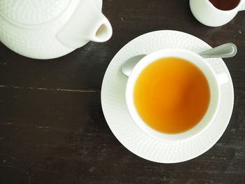 High angle view of tea served on table