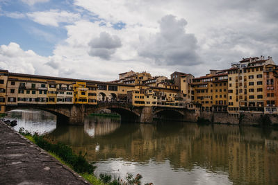 Bridge over river in city against sky