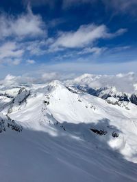 Scenic view of snowcapped mountains against sky