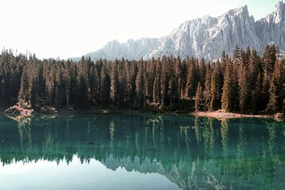 Scenic view of lake by mountains against sky