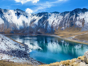 Panoramic view of lake and snowcapped mountains against sky