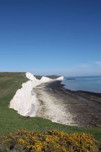 Scenic view of sea against clear blue sky