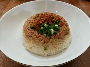High angle view of food in plate on table
