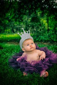 Cute child wearing crown and costume on grassy field