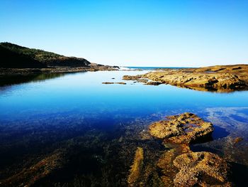 Scenic view of sea against clear blue sky