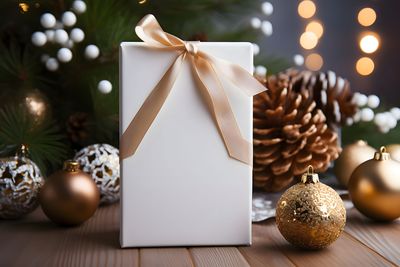 Close-up of christmas decorations on table