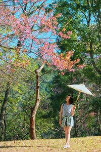 Rear view of woman standing by trees