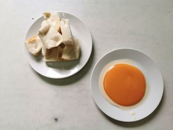 High angle view of breakfast served on table