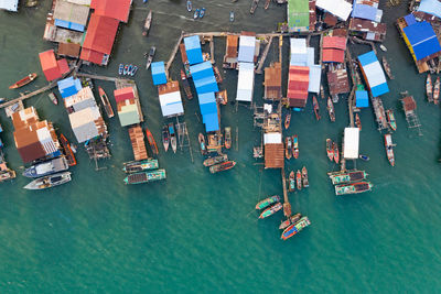 High angle view of sailboats in sea