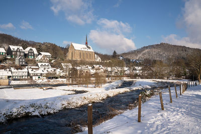 Panoramic image of beyenburg close to wuppertal on a winter day, bergisches land, germany