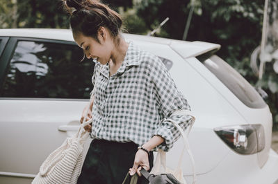 Series photo of young woman carry travelling bag prepare for travel