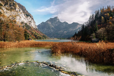 Scenic view of lake by mountains against sky