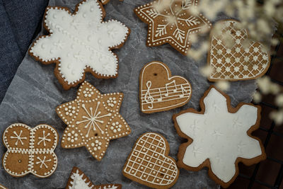 High angle view of cookies on table