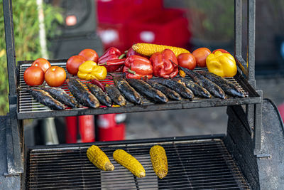 Close-up of fruits on barbecue grill