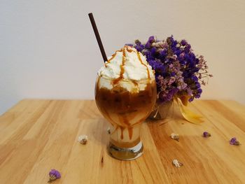 High angle view of ice cream in glass on table