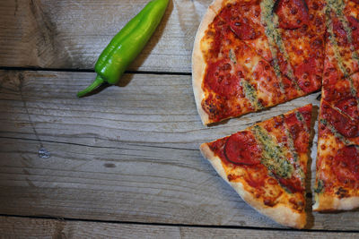 High angle view of pizza on table