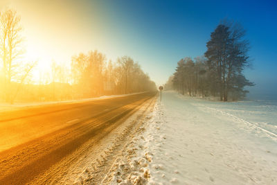 Road amidst trees against clear sky during winter