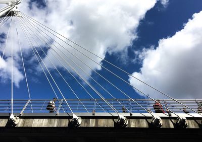 Low angle view of suspension bridge against sky