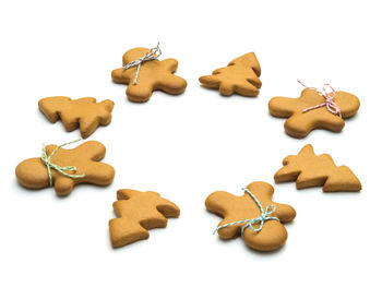 Close-up of cookies against white background