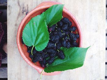 Blackberries and leaves in bowl on table