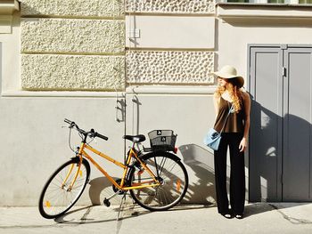 Bicycle parked in front of building