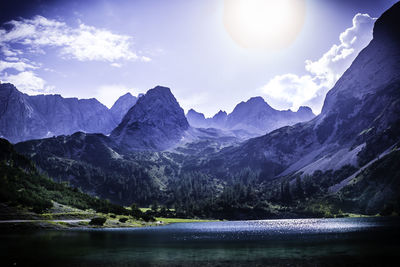 Scenic view of lake against cloudy sky