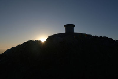 Low angle view of silhouette mountain against clear sky during sunset