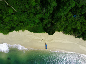 Aerial photo of a traditional boat moored on the beach in teluk ijo, banyuwangi. indonesia.