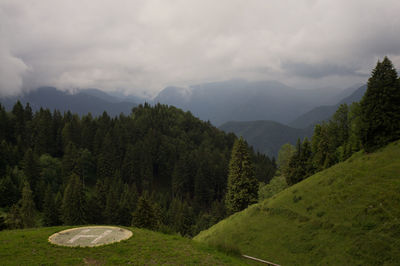 View of trees on landscape against cloudy sky